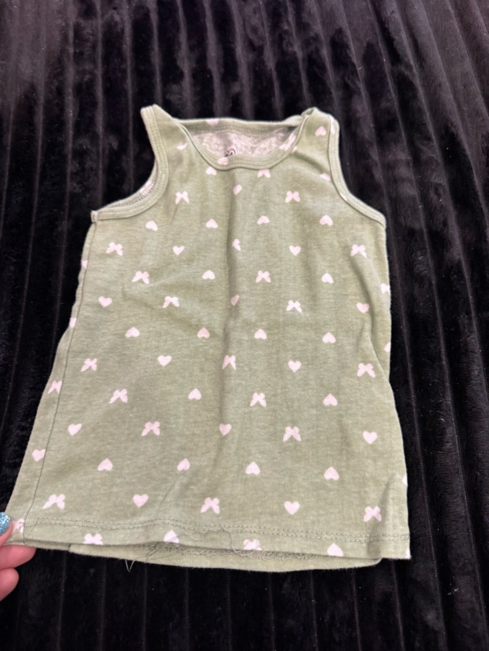 Velvet Olive Green Tank Top with Pink Hearts & Bows